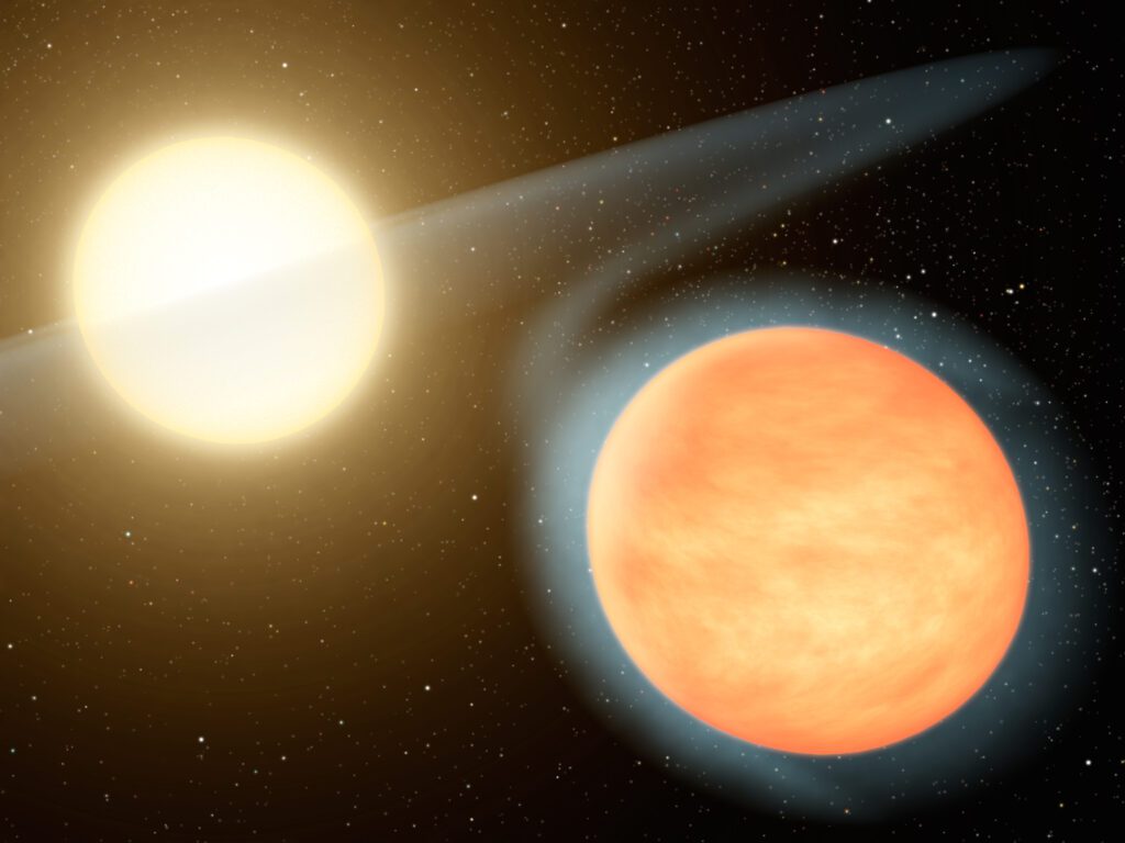 This artist's concept shows the searing-hot gas planet WASP-12b (orange orb) and its star.