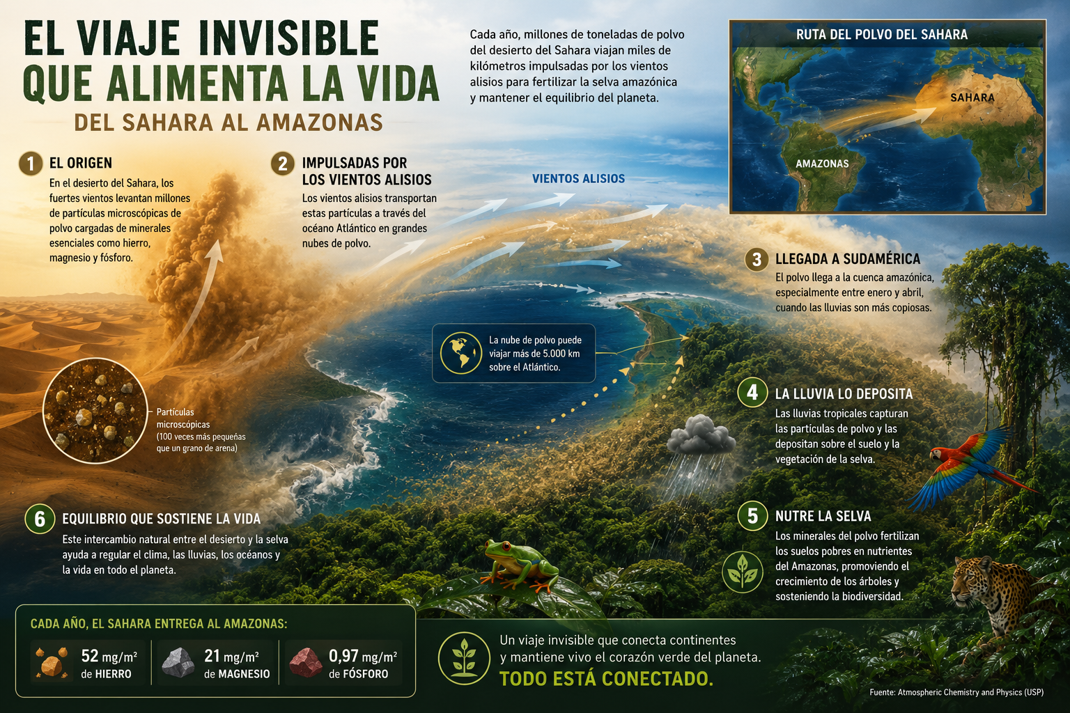 OpenAI. (2026). Reconstrucción artística del viaje del desierto del Sáhara al amazonas generada con inteligencia artificial [Imagen generada por IA]. ChatGPT.